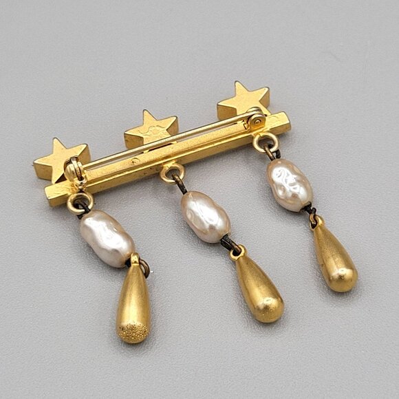 Gold Tone Bar Brooch Pin Dangle Freshwater Pearl Stars Accents 1 1/2" - Picture 4 of 6